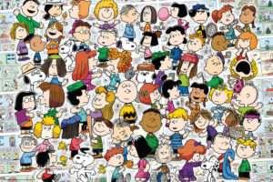 A wall poster print of the characters from the Peanuts comic strips including Snoopy and Charlie Brown by Schulz