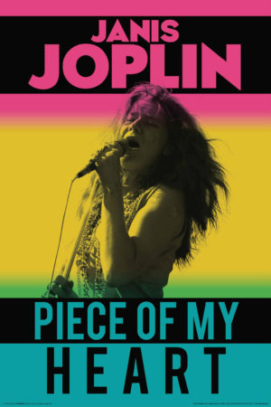 A wall poster print of Janis Joplin with retro blue, yellow and pink colorization and the words Piece Of My Heart on the bottom
