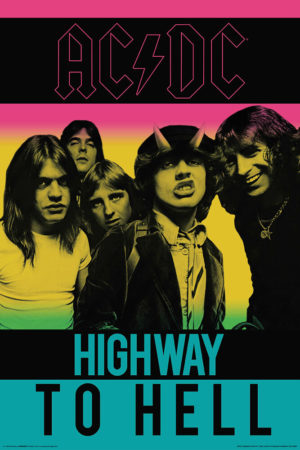 A wall poster print of AC/DC in retro blue, pink and yellow colorization with the words Highway To Hell at the bottom