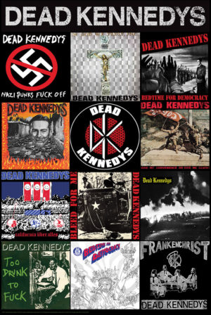 A wall poster print of a collage of the album covers of the band Dead Kennedys