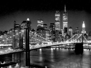 New York Twin Towers Brooklyn Bridge At Night Photographic Print