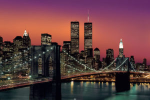 New York Twin Towers Brooklyn Bridge At Night Colour Poster