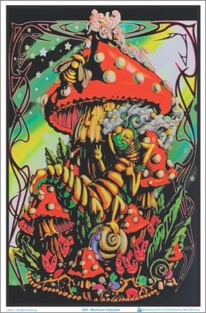 Mushroom Caterpillar Flocked Velvet Blacklight Poster