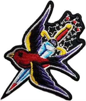 Swallow and Dagger 5x7.5cm Embroidered Sew On Patch