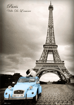 Paris Romance Eiffel Tower Blue Car Large 3D Lenticular Poster