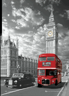 London Big Ben Black Taxi And Red Bus Large 3D Lenticular Poster
