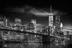 New York Freedom Tower Brooklyn Bridge At Night Mini Poster