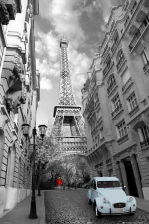 Paris Eiffel Tower Blue Car Red Coat Poster