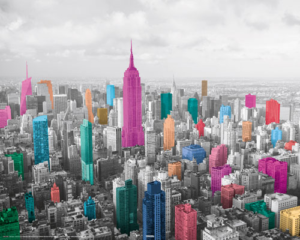 New York Manhattan Coloured Skyline Mini Poster