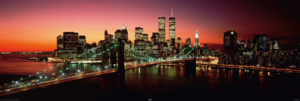 New York Twin Towers Brooklyn Bridge At Night Colour Slim Poster