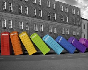 Coloured Phone Boxes Falling Kingston-Upon-Thames Mini Poster