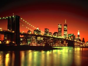 New York Twin Towers Brooklyn Bridge At Night Poster