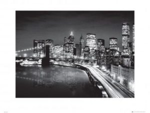 New York Twin Towers Brooklyn Bridge At Night And Road Photographic Print