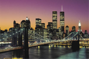 New York Twin Towers Brooklyn Bridge At Night Colour Poster