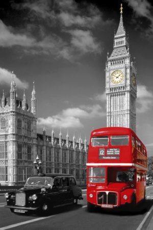 London Big Ben Black Taxi And Red Bus Poster