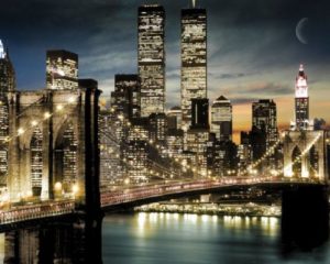 New York Twin Towers Brooklyn Bridge At Night Moon Mini Poster