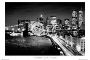 New York Twin Towers Brooklyn Bridge At Night And Road Poster
