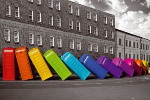 Coloured Phone Boxes Falling Kingston-Upon-Thames Poster