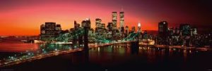 New York Twin Towers Brooklyn Bridge At Night Colour Jumbo Poster