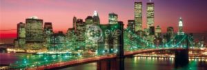 New York Twin Towers Brooklyn Bridge At Night Colour Slim Poster