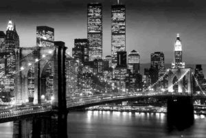 New York Twin Towers Brooklyn Bridge At Night Poster