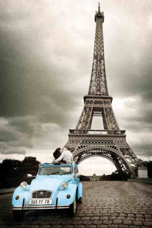 Paris Eiffel Tower Blue Car Poster