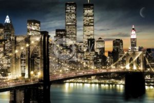 New York Twin Towers Brooklyn Bridge At Night Moon Poster