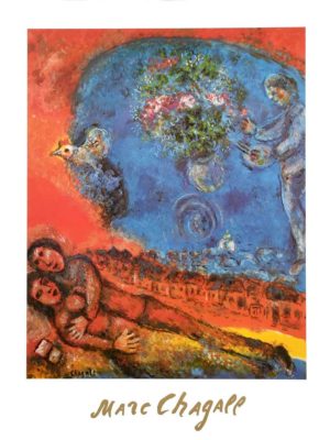 Marc Chagall - Couple of lovers on a red background Art Print