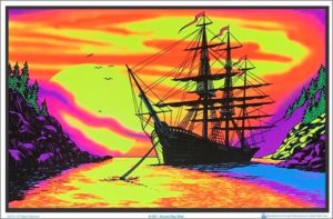 Sunset Bay Ship Flocked Velvet Blacklight Poster