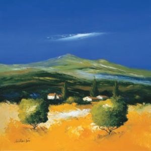 Christian Soto - Landscape III Yellow, Green & Blue 3 Houses Art Print