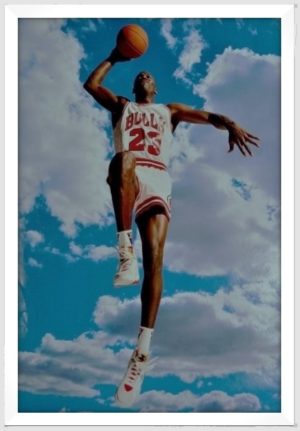 Basketball Michael Jordan Sky Framed in White Poster Print