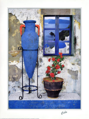 Cebo - Greek Window Greece Blue Vase Mini Poster