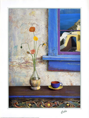 Cebo - Greek Window Greece Flowers and Teacup Mini Poster