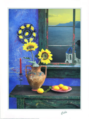 Cebo - Greek Window Greece Sunflowers and Lemons Mini Poster