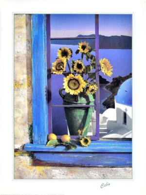 Cebo - Greek Window Greece Sunflowers and Oranges Mini Poster