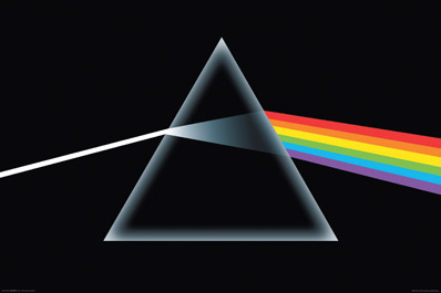 Pink Floyd’s Dark Side of the Moon album cover print — iconic prism and rainbow design on black background