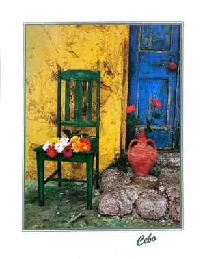 Greek Blue Door Green Chair Poster Print
